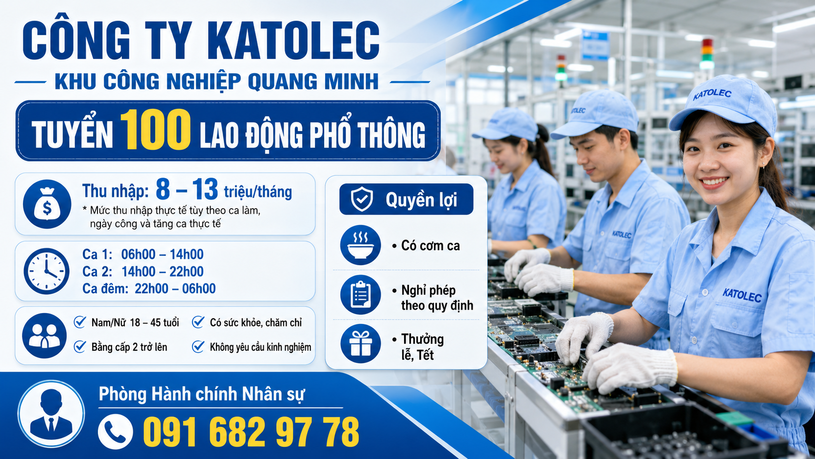 Công ty Katolec KCN Quang Minh tuyển dụng 100 lao động phổ thông – Thu nhập 8 đến 13 triệu/tháng