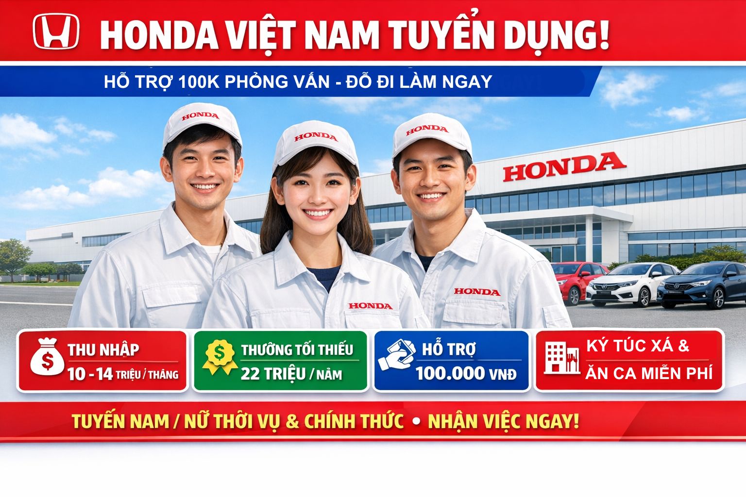 Honda Việt Nam Tuyển Dụng 2026 – Thu Nhập 14 Triệu/Tháng, Có Ký Túc Xá & Ăn Ca Miễn Phí