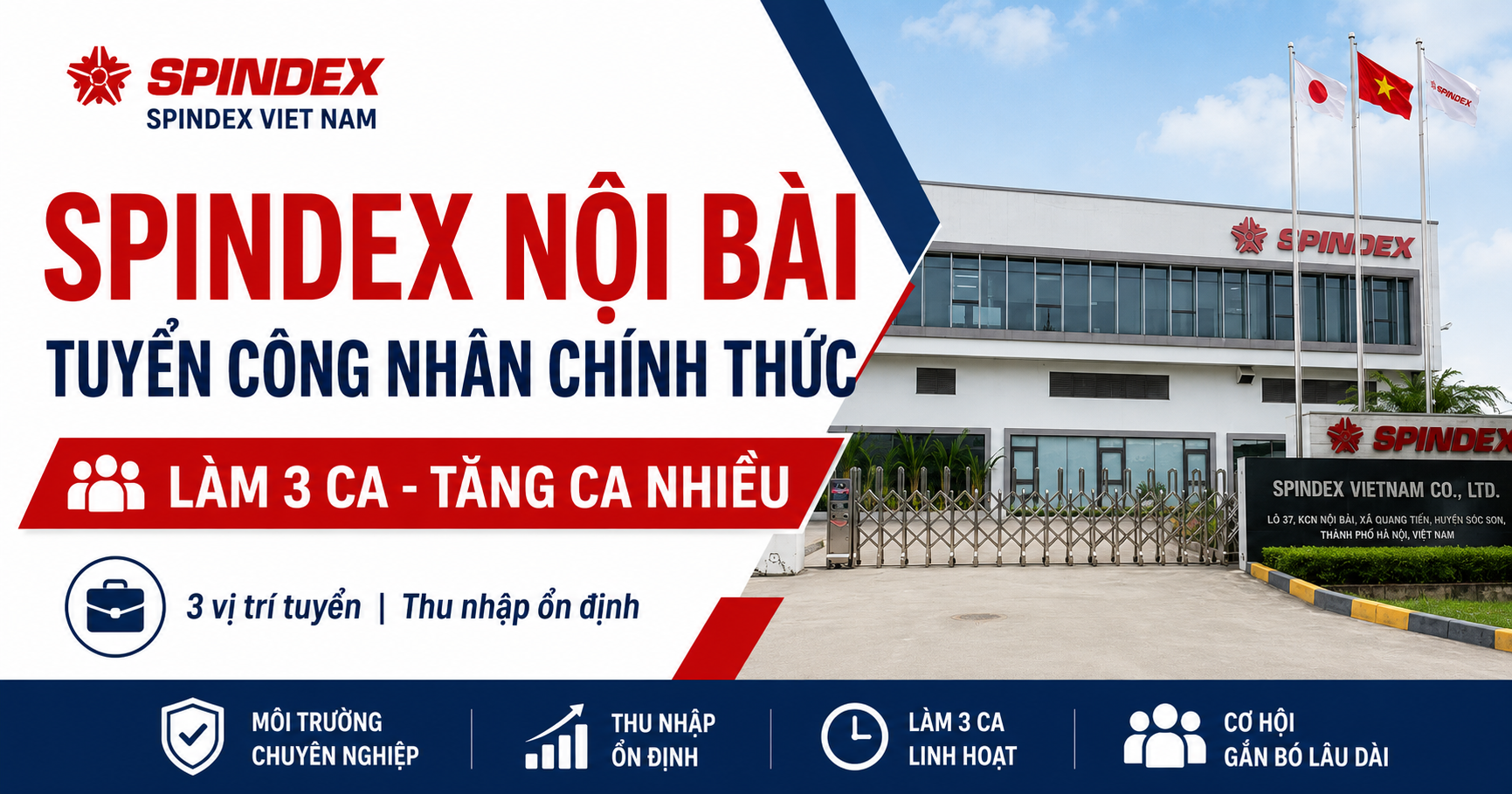 Tuyển Công Nhân Chính Thức – Công Ty Spindex KCN Nội Bài – 3 Vị Trí – Thu Nhập Hấp Dẫn